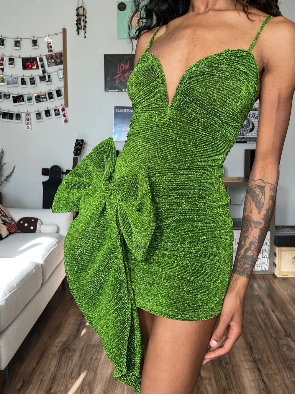 Pretty Little Thing Green Glittery Bow Dress